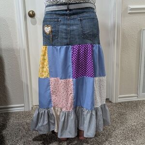 Cotton Upcycled Recycled Patchwork Skirt Womens Sz 16 Multi Prints On Jean Waist